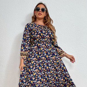 Melo Apparel Plus Size Bohemian Round Neck Maxi Dress